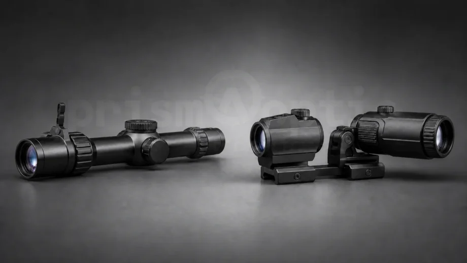 LPVO vs red dot magnifier comparison on a neutral studio background